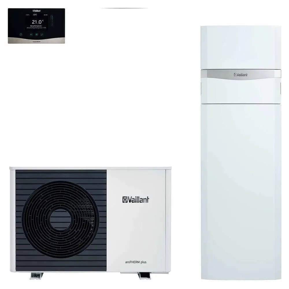 Vaillant Wärmepumpe mit Außengerät und Inneneinheit, stehend. Übliche Steuerungseinheit oben links. Gerät in neutralem Design, geeignet für Heizungsanwendungen.